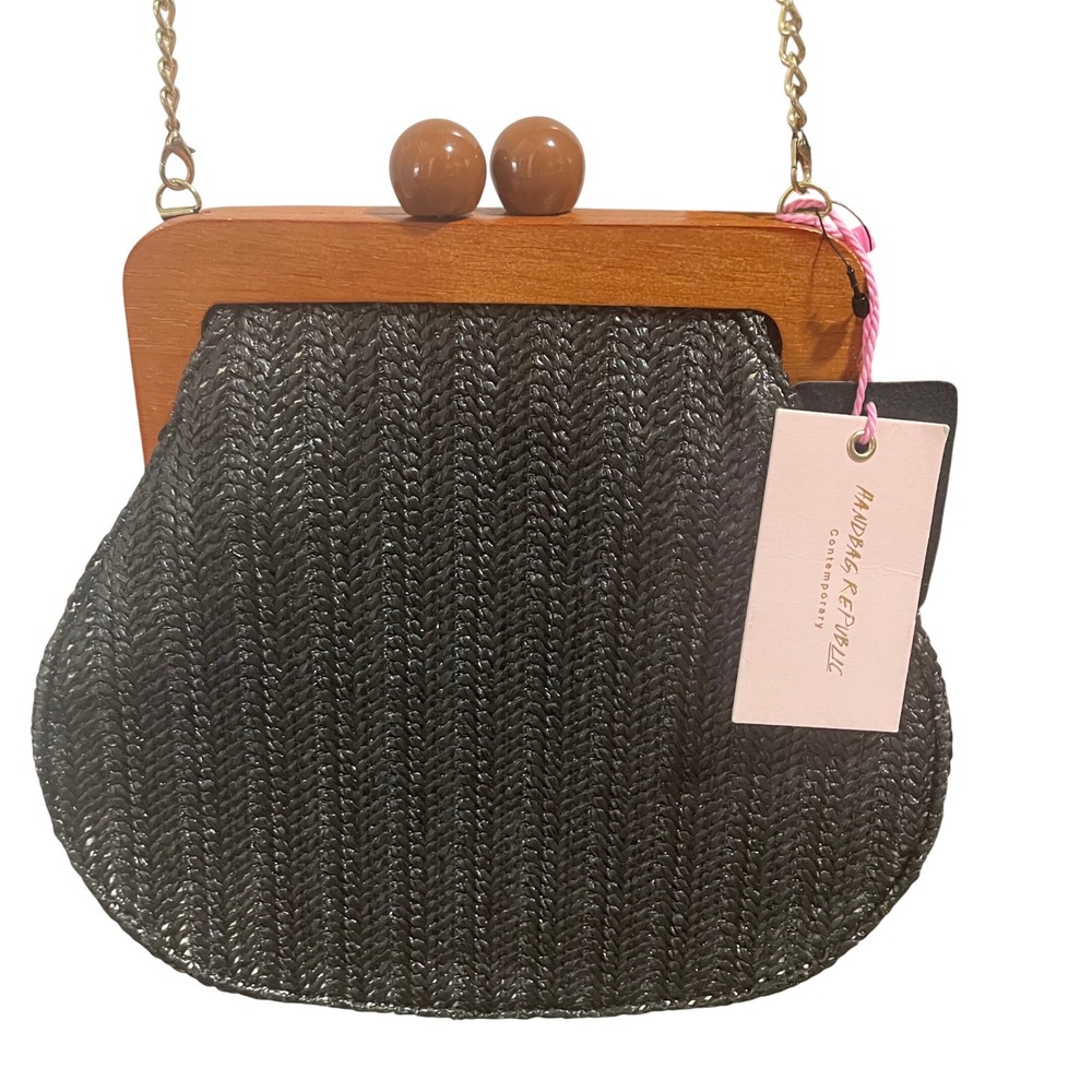 HANDBAG REPUBLIC Black Woven‎ Wood Frame Kiss Lock Chain Shoulder Bag Clutch